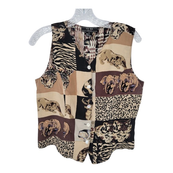 FU DA Fine Silk Sleeveless Safari Animal Print Button Front Vest PM - Picture 1 of 5
